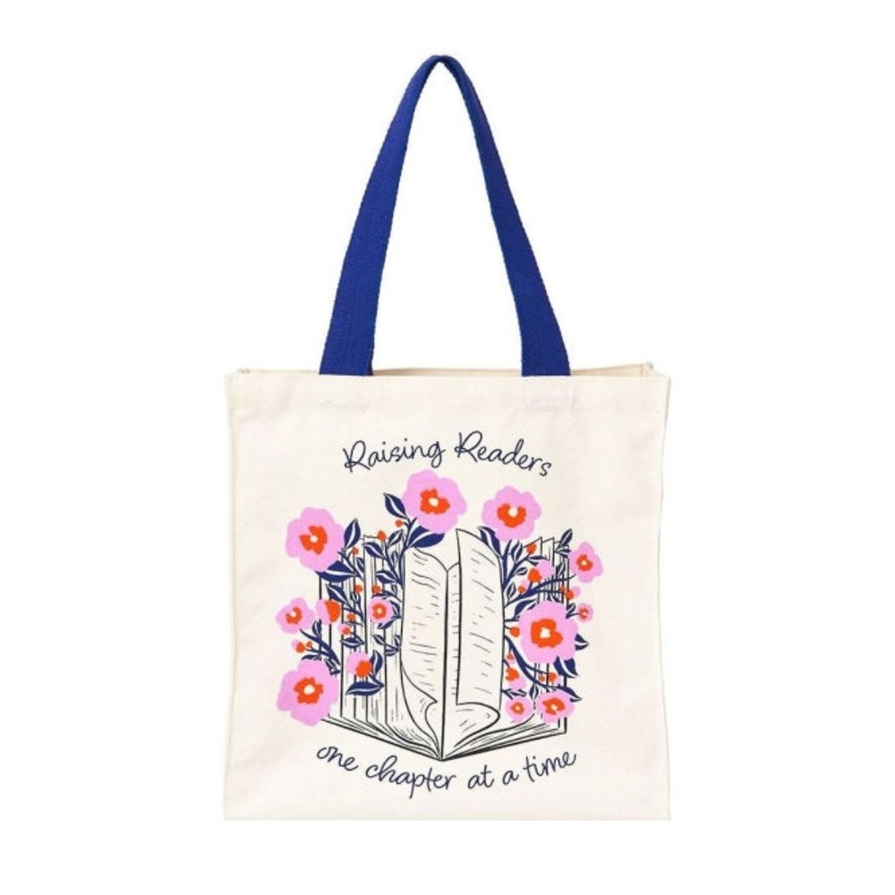 Barnes Noble Canvas Tote Bag Raising Readers Book Floral Blue Straps